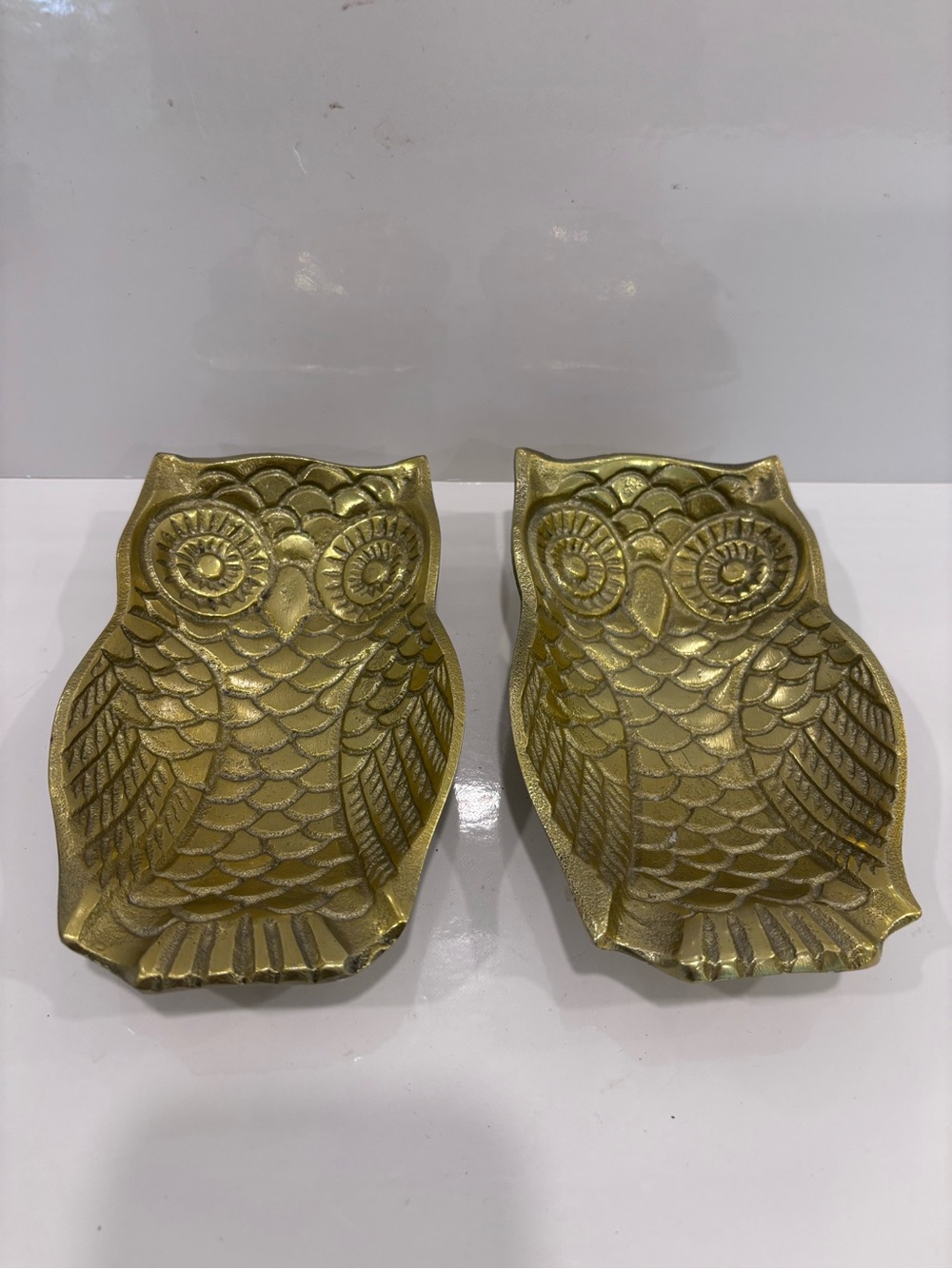 Brass owl trinket holders catchall trays Hollywood recency 6” pair